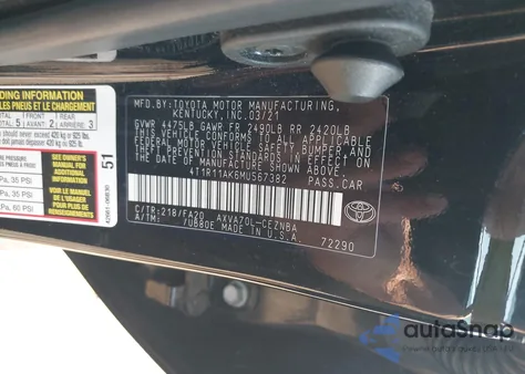 2021 Toyota Camry Le z USA, uszkodzony, nr VIN 4T1R11AK6MU567382